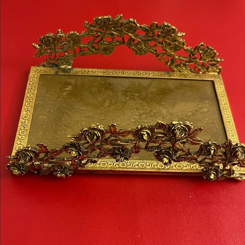 Vintage guest towel holder, flowers Elegant Gold Floral Vanity Tray 7.60”L 5”W